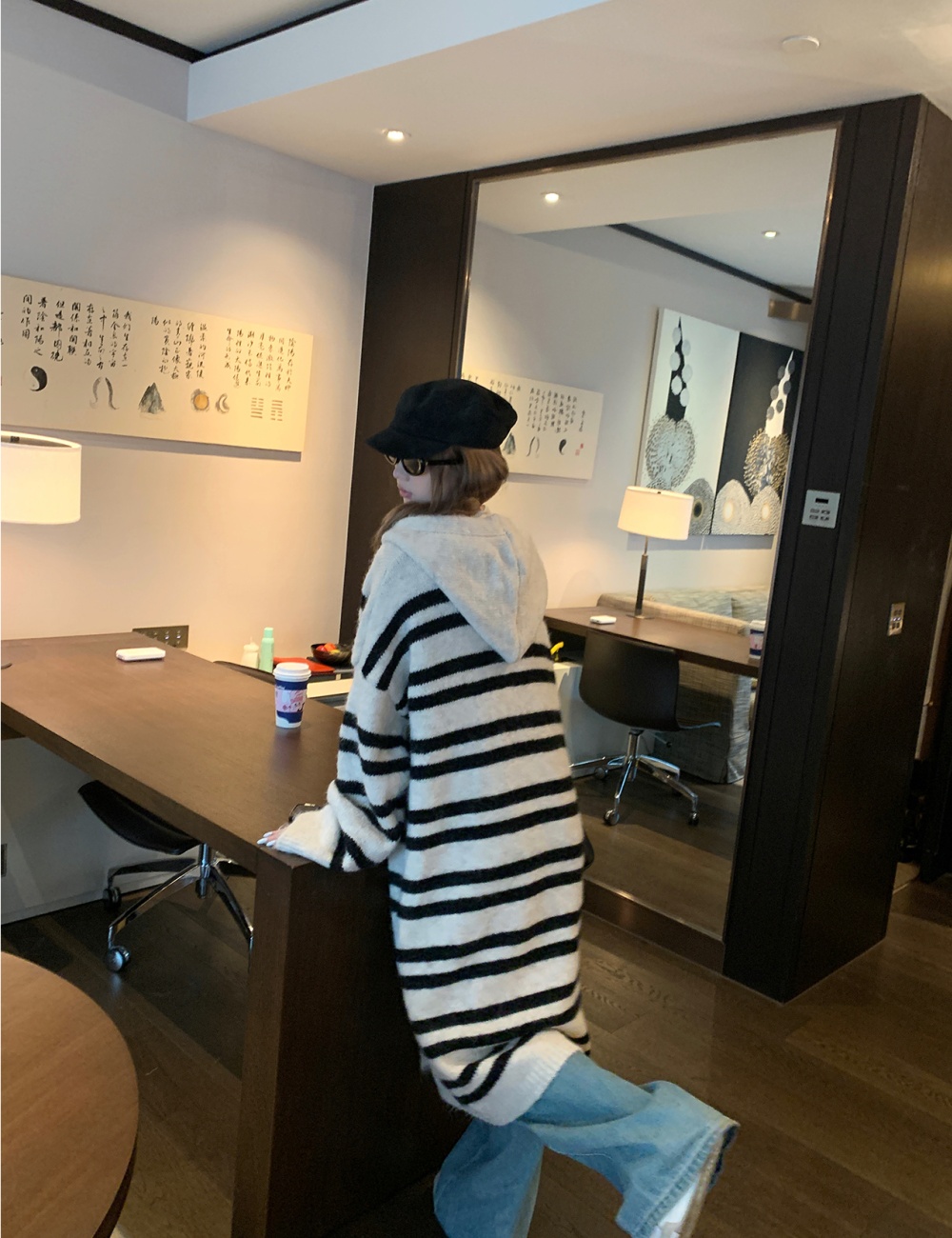 Stripe hooded knitted coat lazy long sweater
