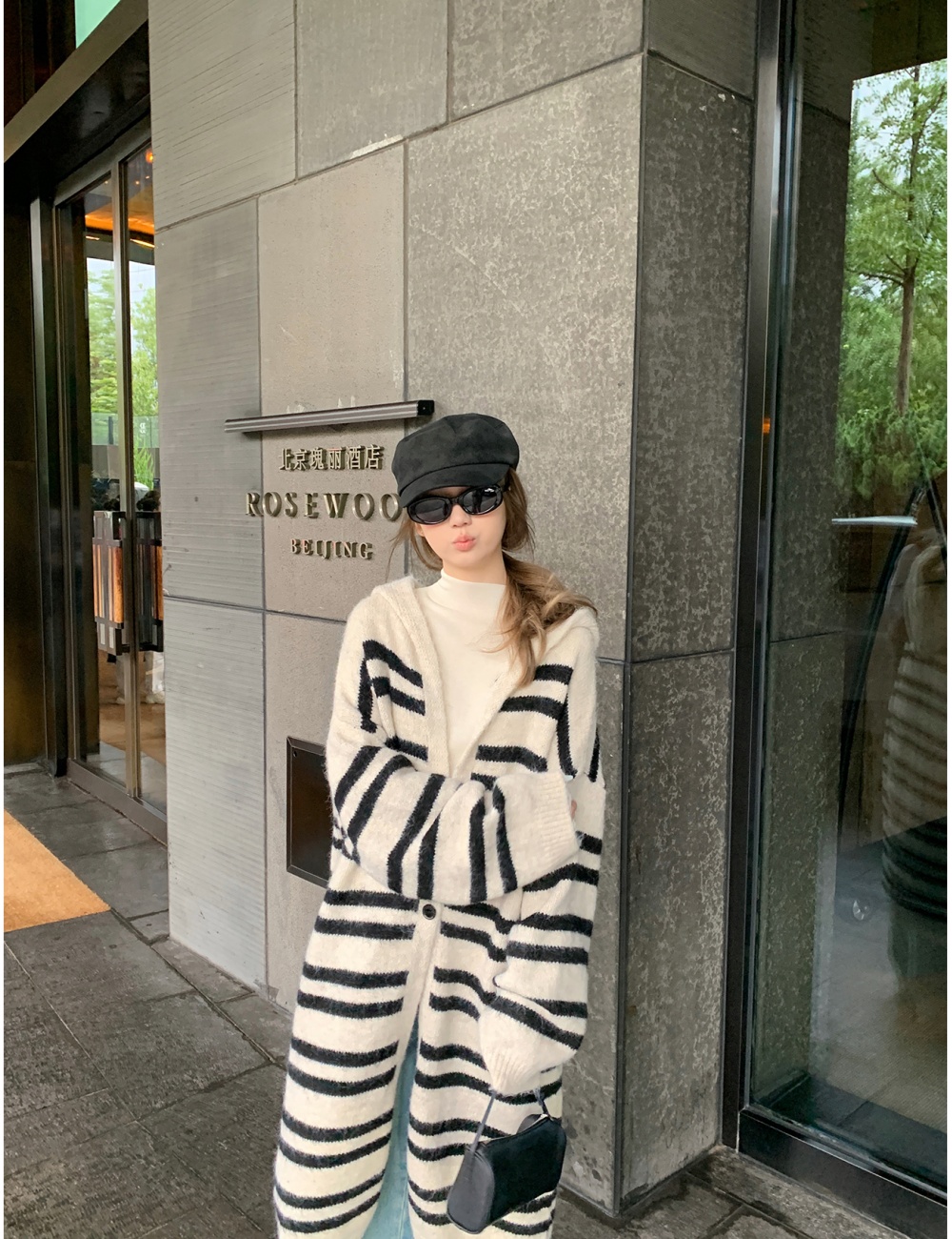 Stripe hooded knitted coat lazy long sweater