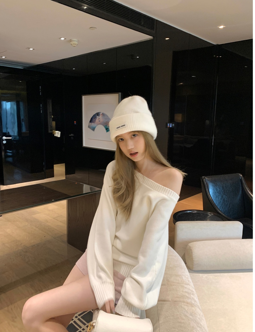 Strapless oblique collar sweater slim tops