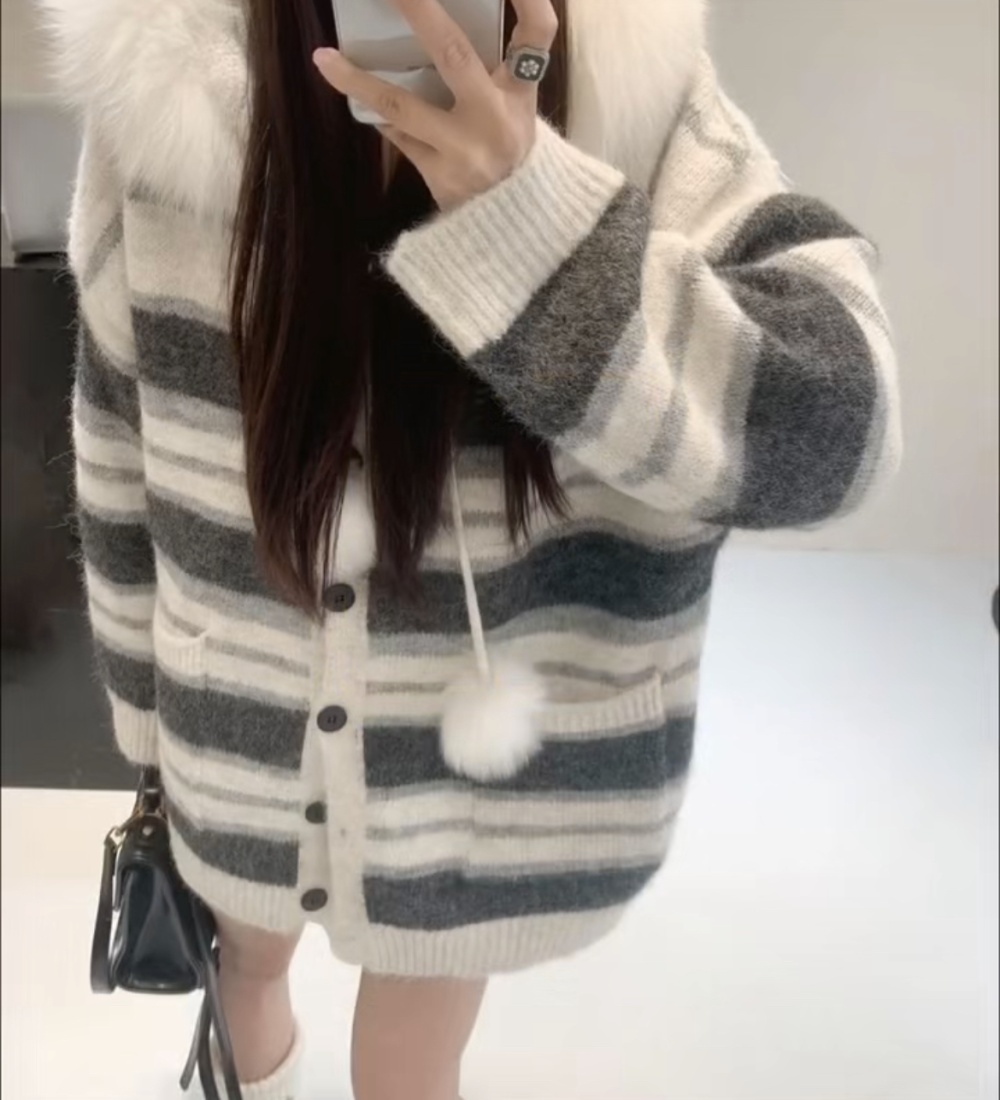 Mixed colors fur collar fashion coat knitted stripe cardigan