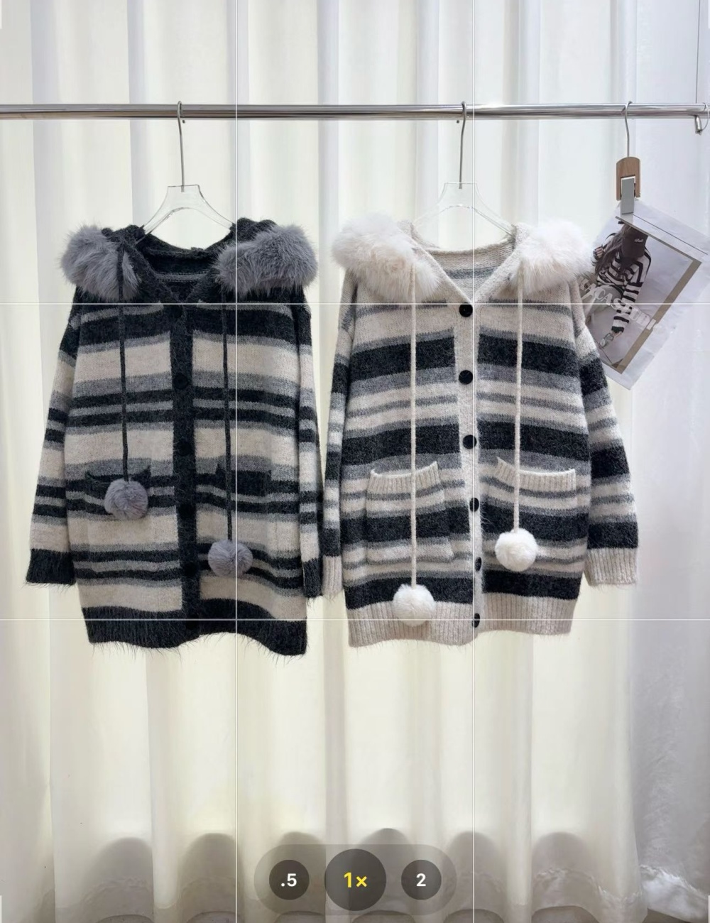 Mixed colors fur collar fashion coat knitted stripe cardigan