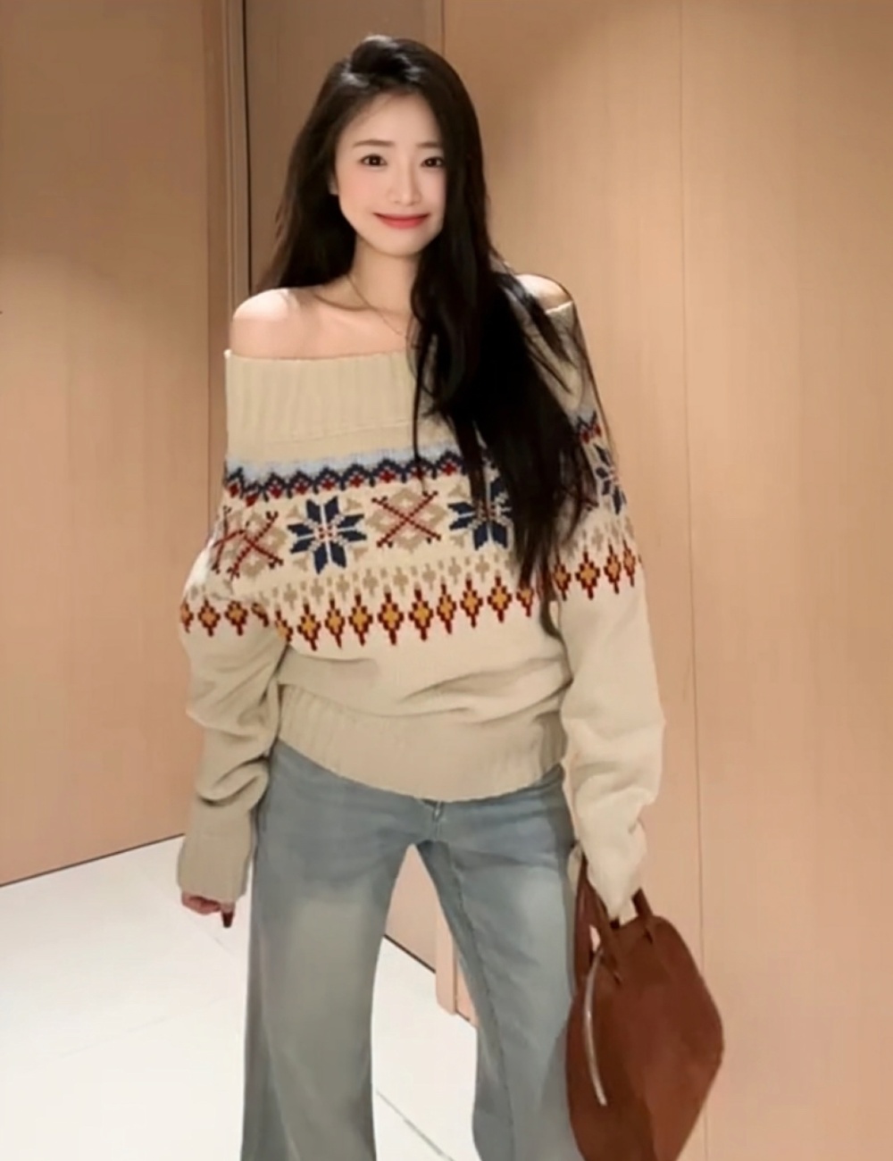 Autumn and winter lazy flat shoulder jacquard sweater