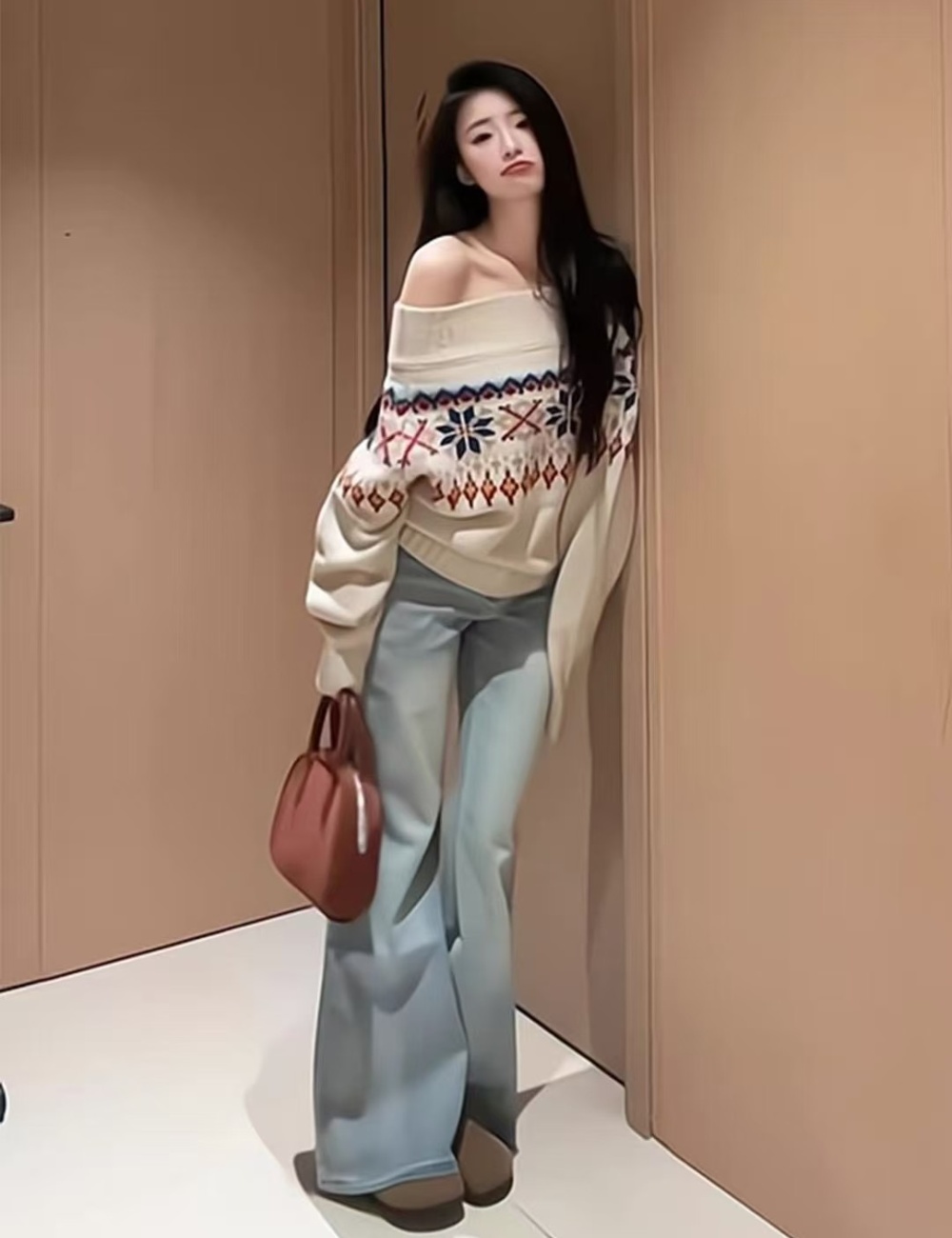 Autumn and winter lazy flat shoulder jacquard sweater