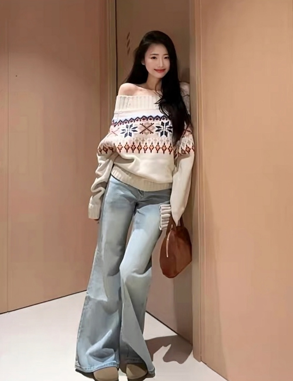 Autumn and winter lazy flat shoulder jacquard sweater
