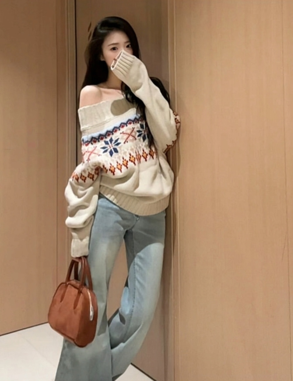 Autumn and winter lazy flat shoulder jacquard sweater