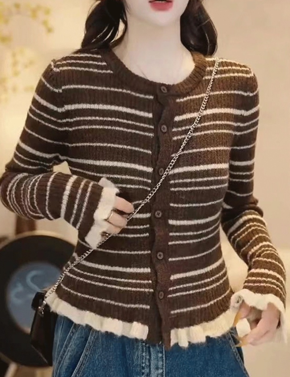 Wood ear spring and autumn stripe coat slim long sleeve cardigan