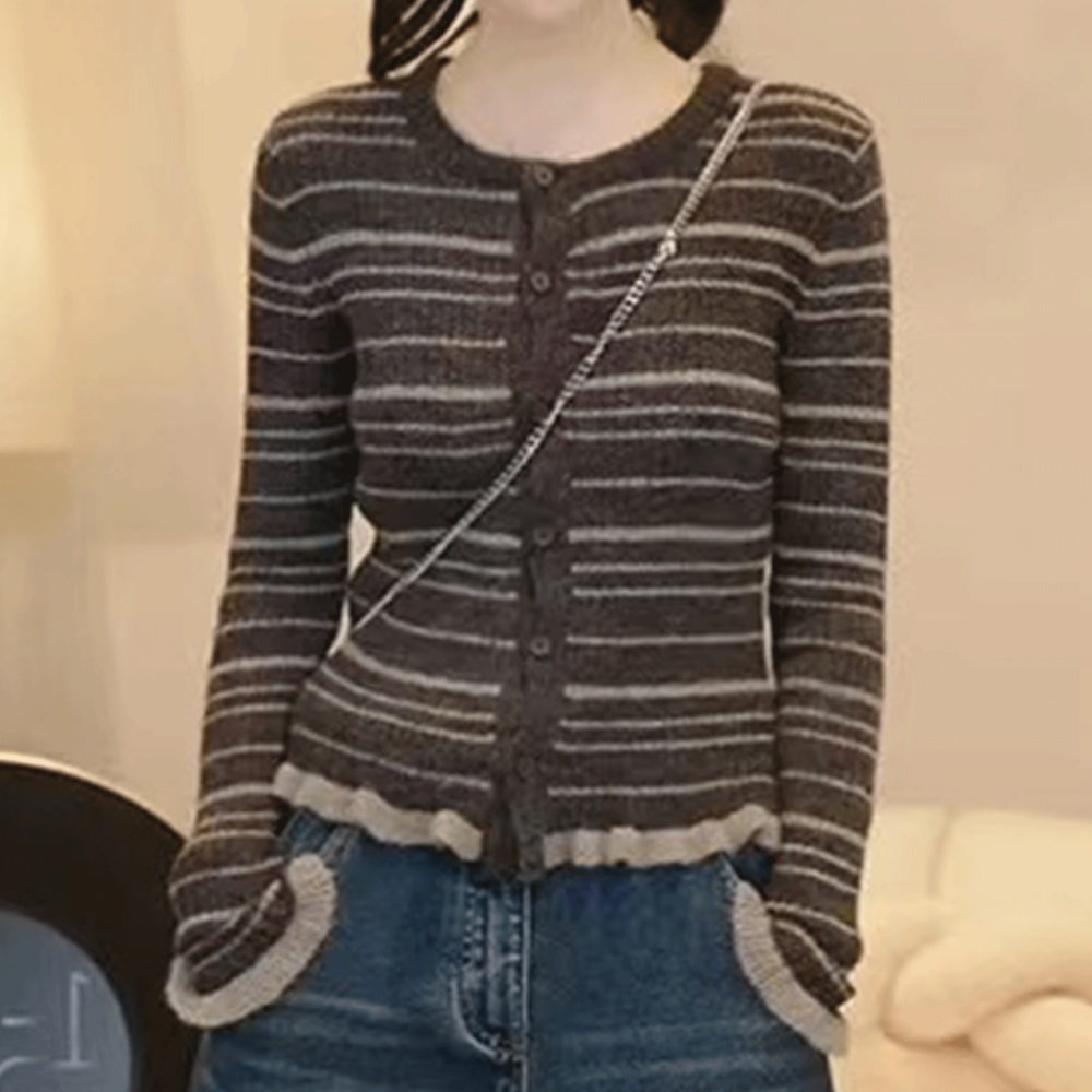 Wood ear spring and autumn stripe coat slim long sleeve cardigan