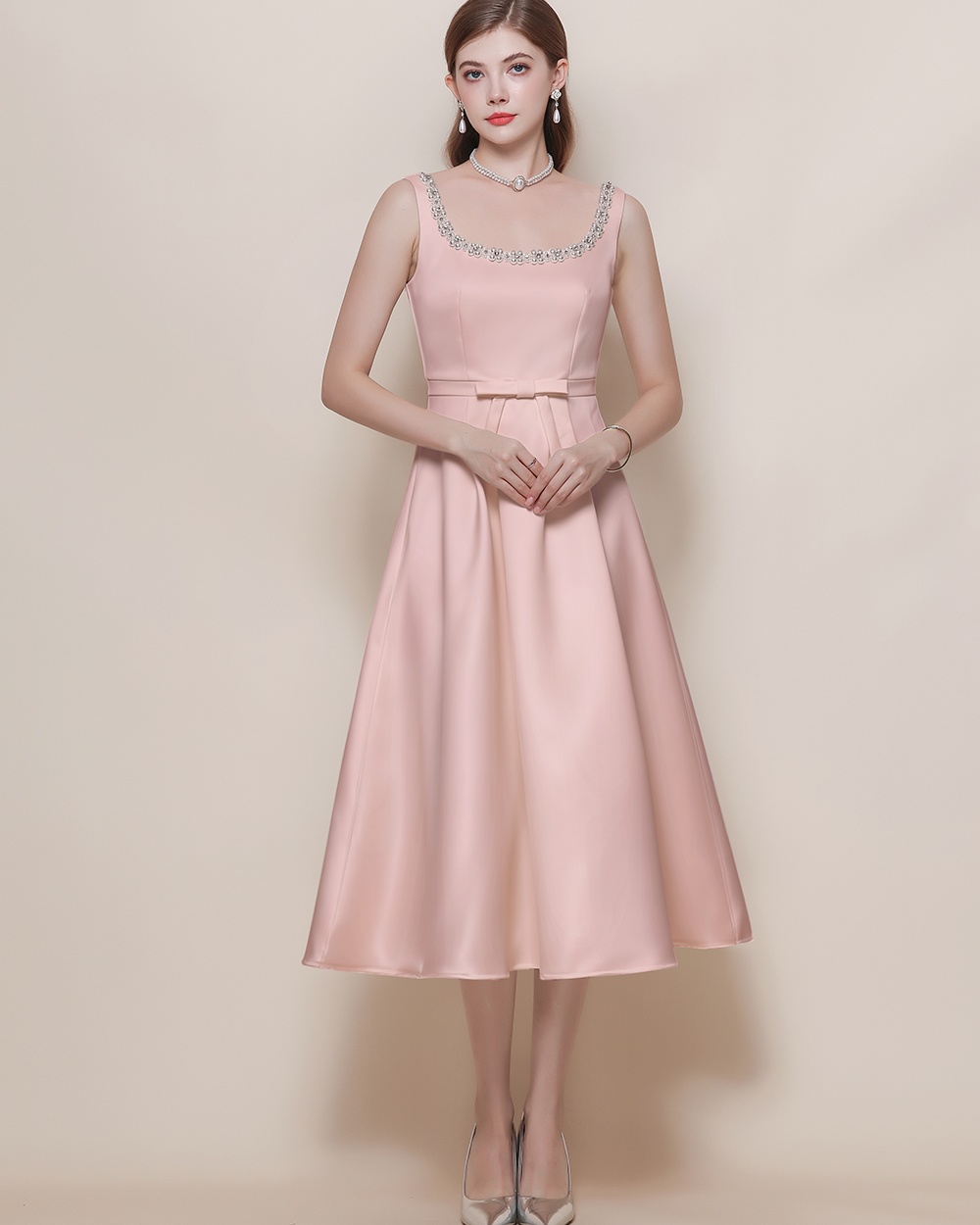 Sling pinched waist temperament France style dress