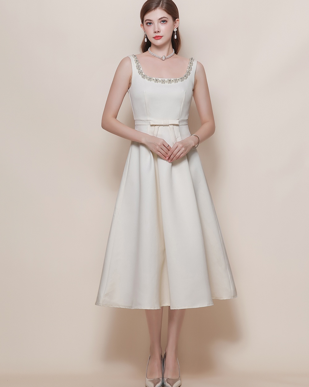 Sling France style elegant temperament pinched waist dress