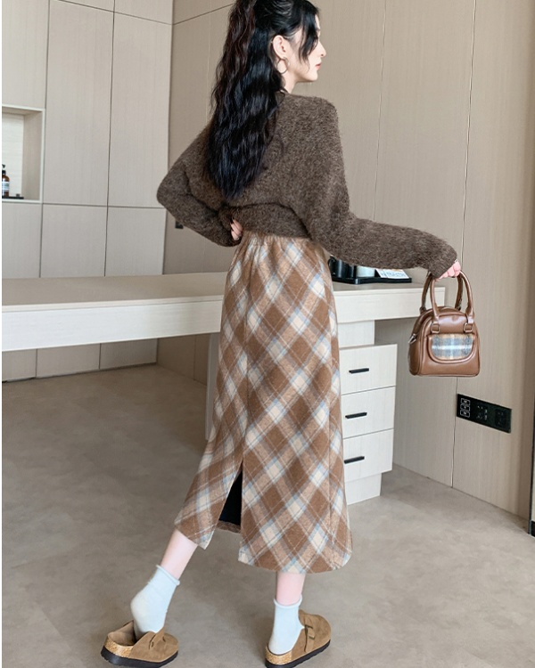 Korean style woolen long thick large yard plaid skirt