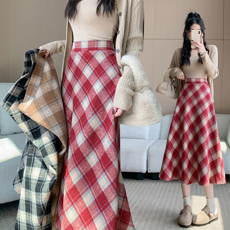 Plaid woolen skirt winter long long skirt for women