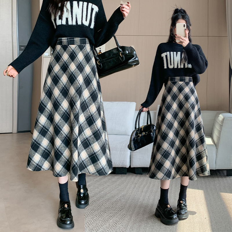 Plaid woolen skirt winter long long skirt for women