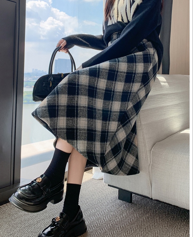 Plaid woolen skirt winter long long skirt for women
