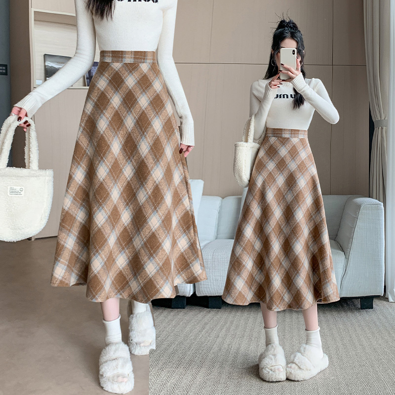 Plaid woolen skirt winter long long skirt for women