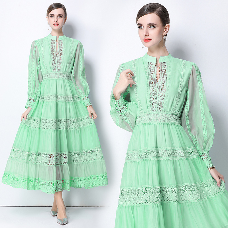 Retro lantern sleeve splice lace V-neck dress