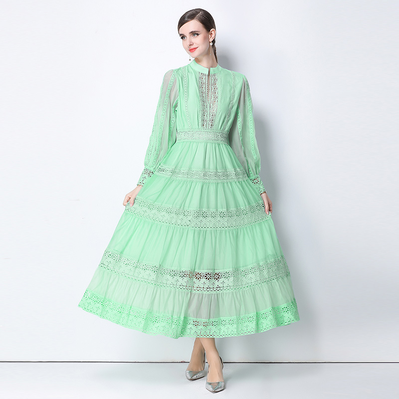 Retro lantern sleeve splice lace V-neck dress