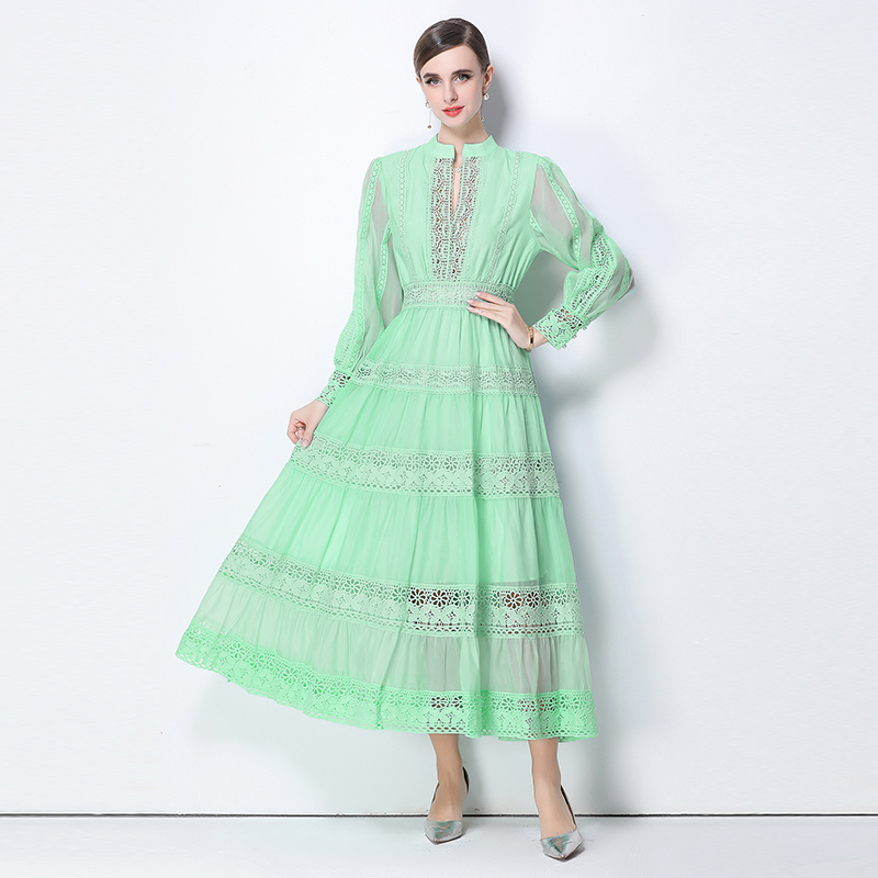 Retro lantern sleeve splice lace V-neck dress