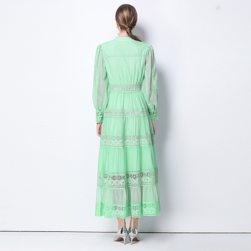Retro lantern sleeve splice lace V-neck dress