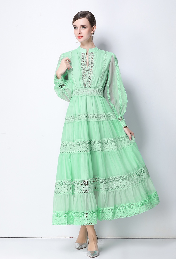 Retro lantern sleeve splice lace V-neck dress