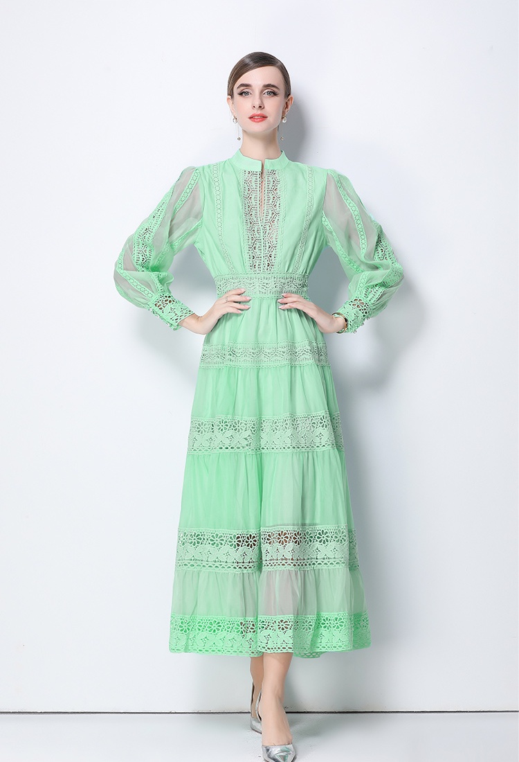 Retro lantern sleeve splice lace V-neck dress