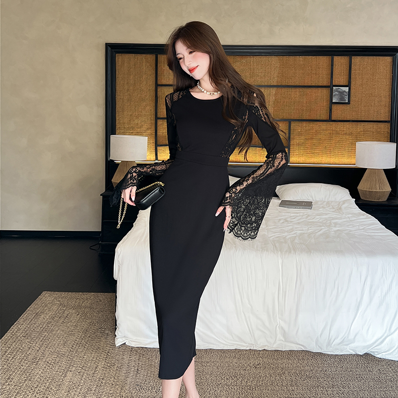 Lace bottoming dress elegant splice long dress