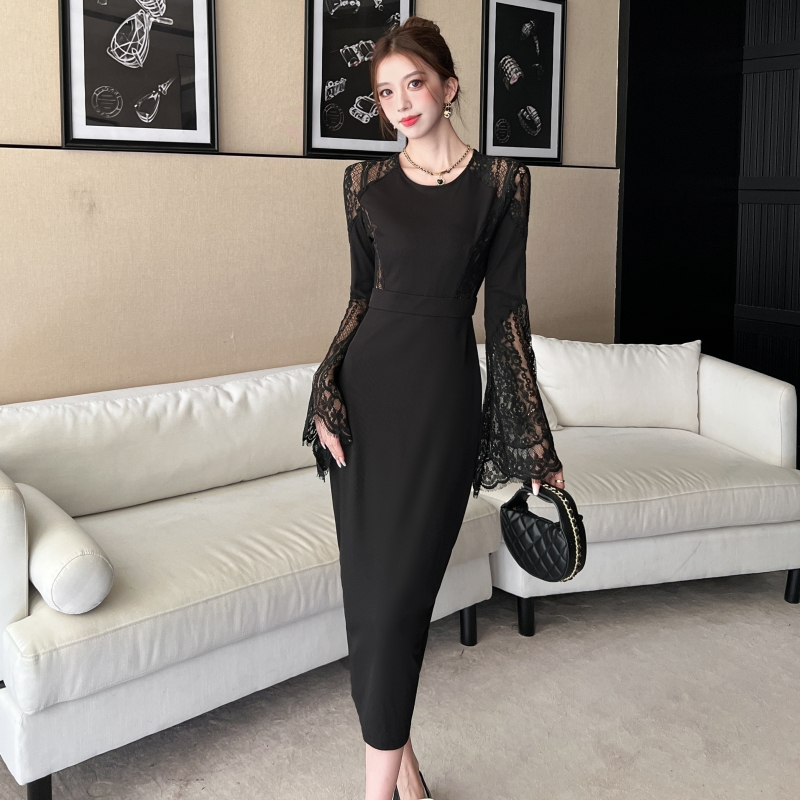 Lace bottoming dress elegant splice long dress