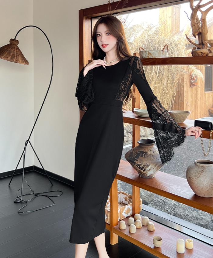 Lace bottoming dress elegant splice long dress