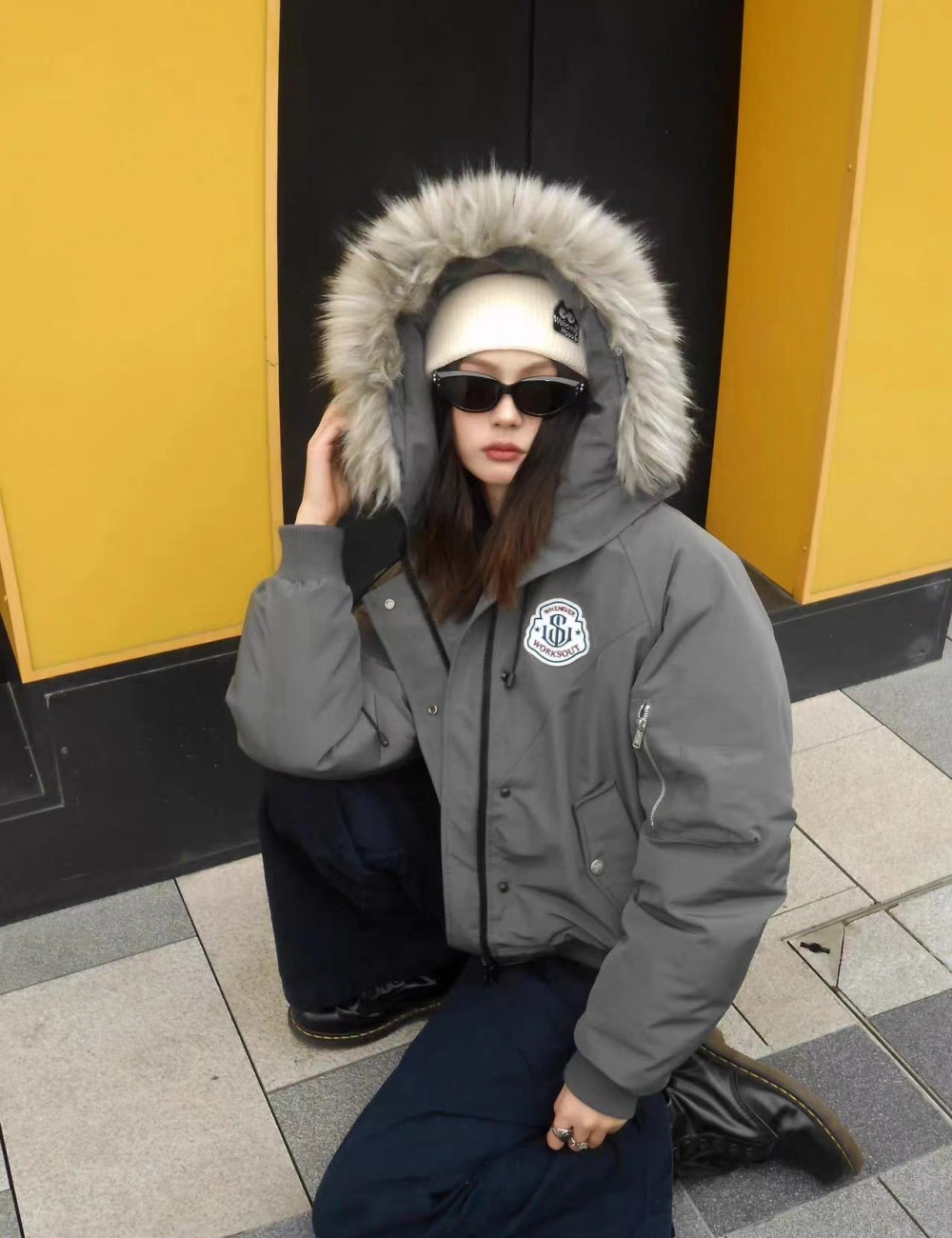 Down fur collar hooded retro thermal cotton coat