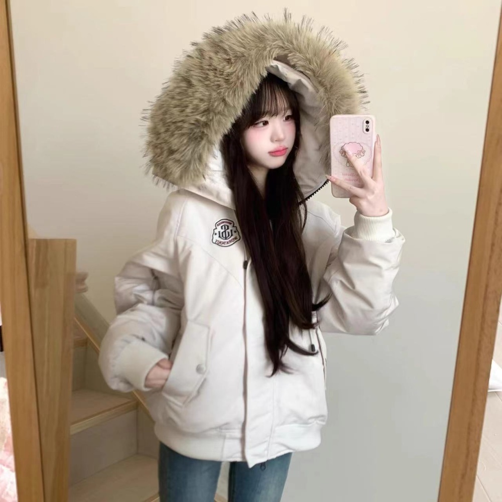 Down fur collar hooded retro thermal cotton coat