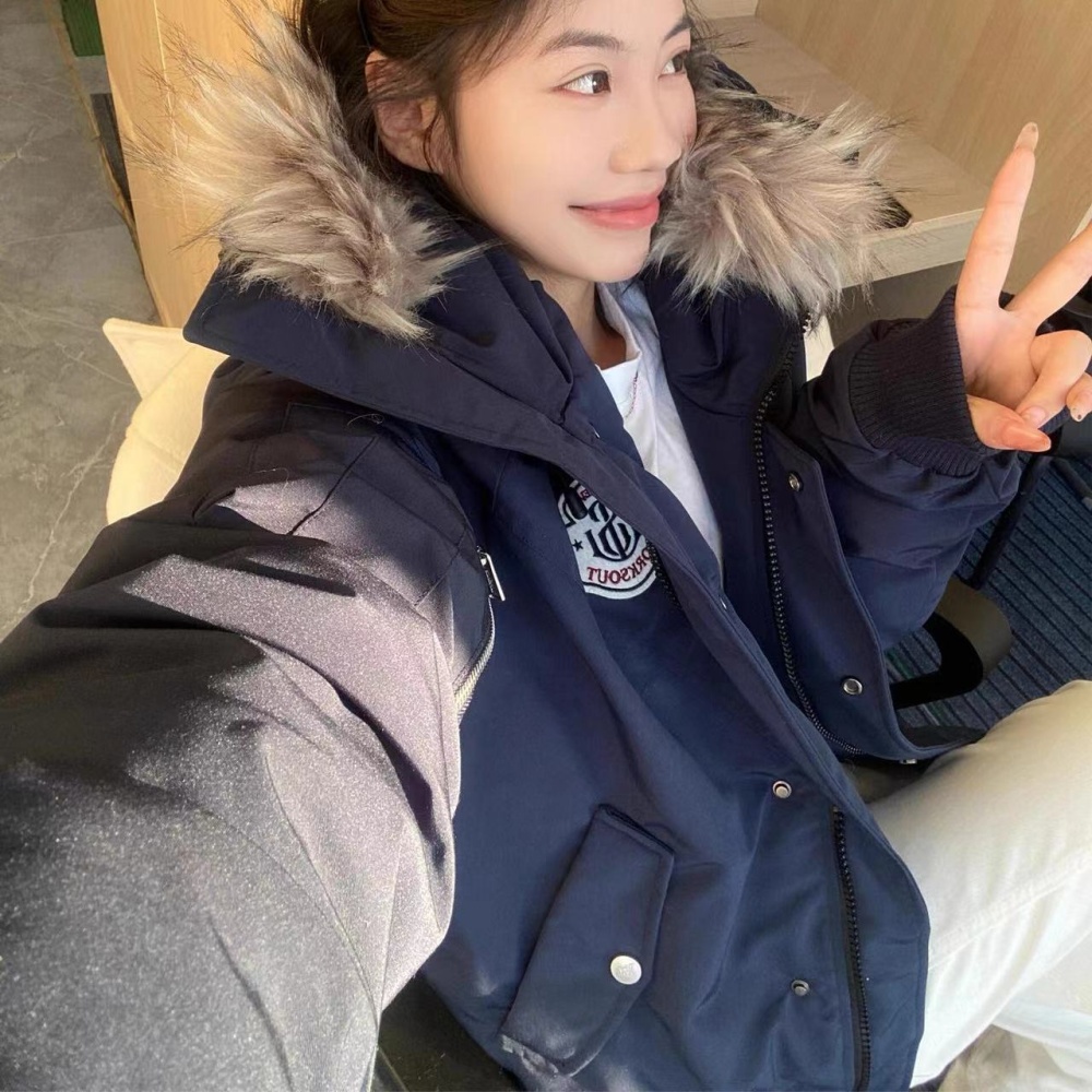 Down fur collar hooded retro thermal cotton coat