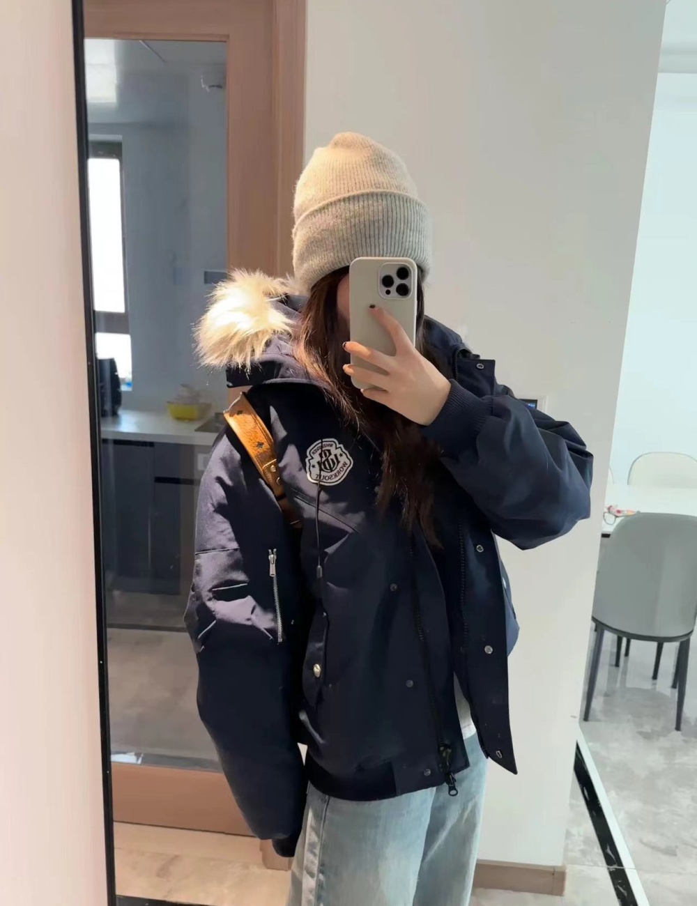 Down fur collar hooded retro thermal cotton coat