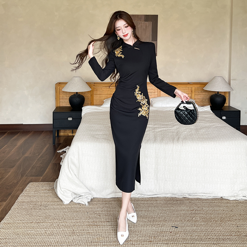 Package hip autumn dress split long dress
