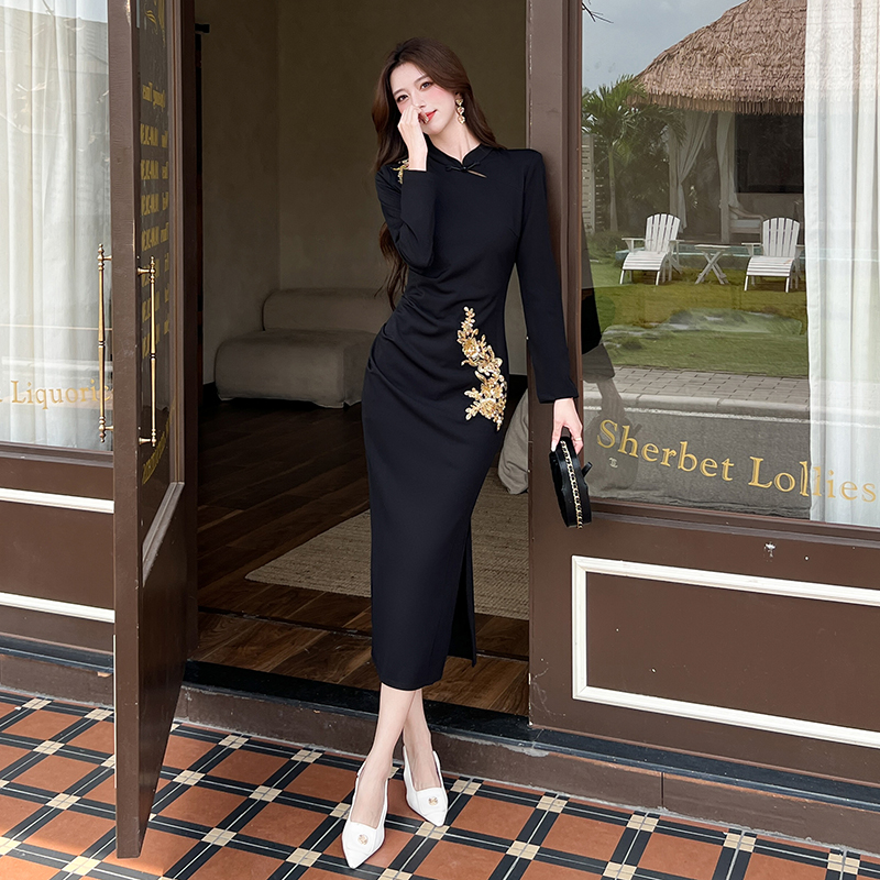 Package hip autumn dress split long dress