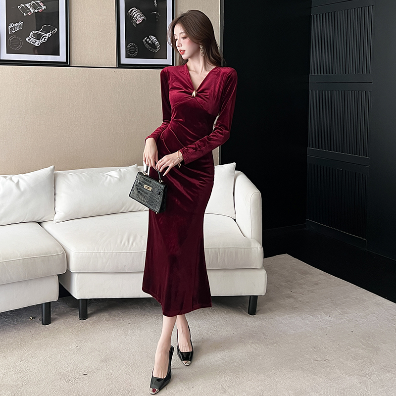 Autumn fashion dress temperament V-neck long dress