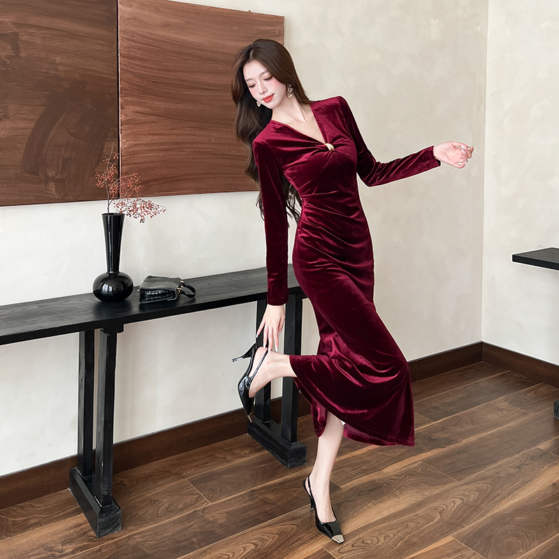 Autumn fashion dress temperament V-neck long dress