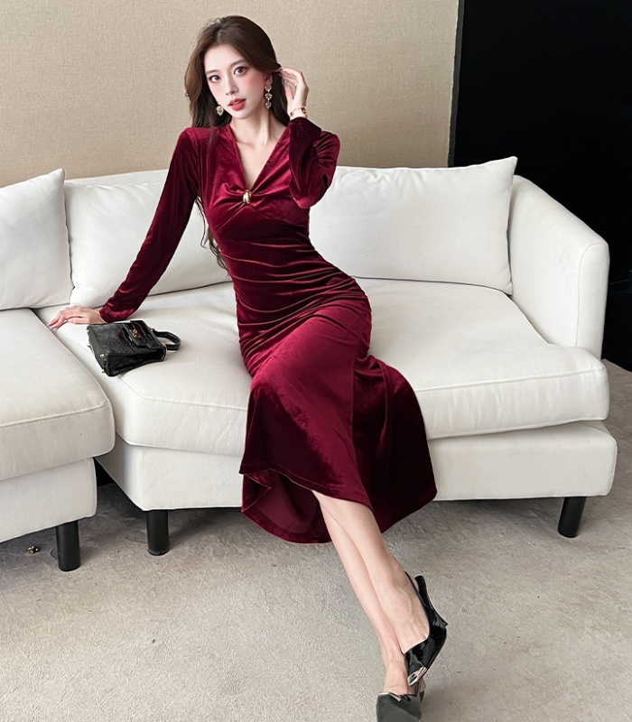 Autumn fashion dress temperament V-neck long dress