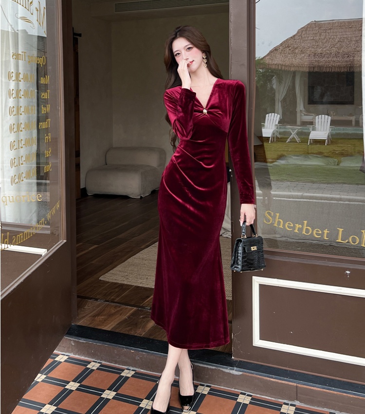 Autumn fashion dress temperament V-neck long dress