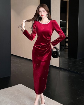 Fashion package hip long dress autumn golden velvet dress