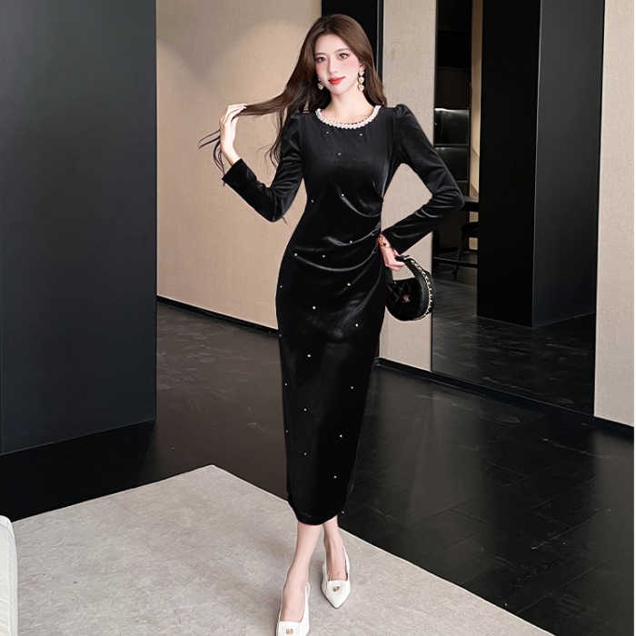 Fashion package hip long dress autumn golden velvet dress