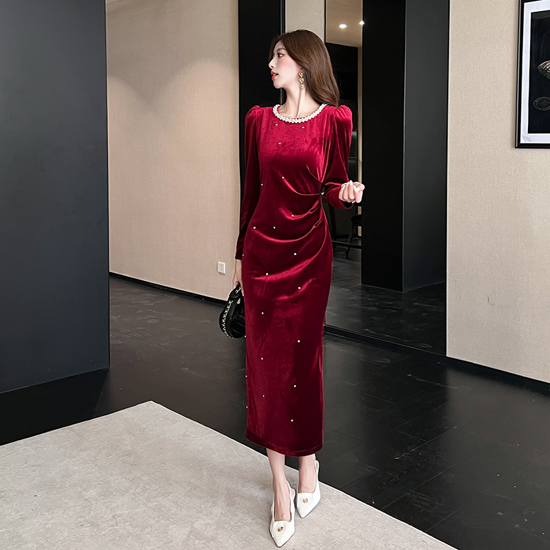 Fashion package hip long dress autumn golden velvet dress