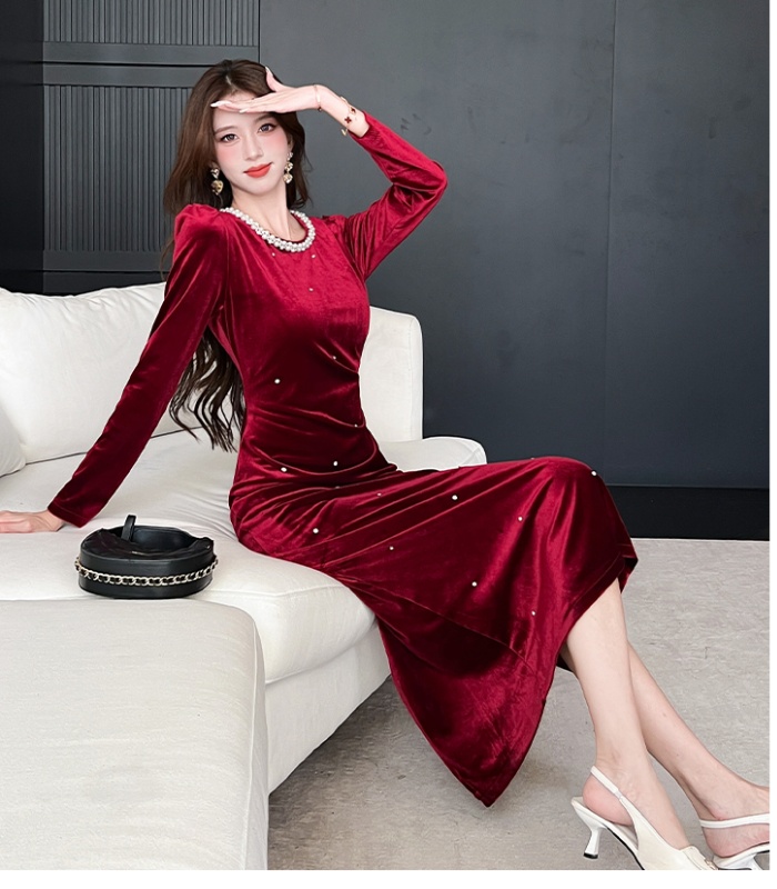 Fashion package hip long dress autumn golden velvet dress