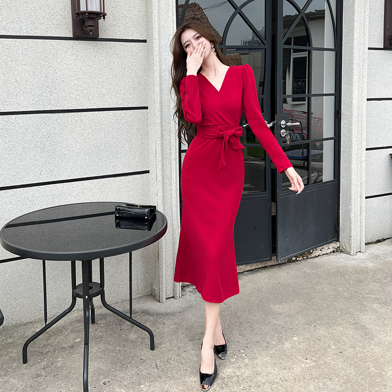 Pinched waist temperament long dress fashion slim dress
