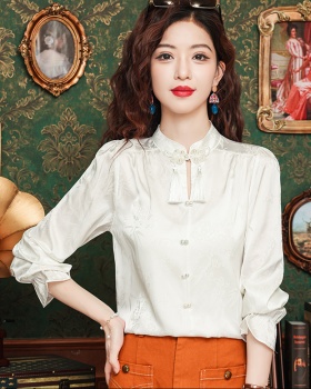 Satin autumn tops jacquard white shirt for women