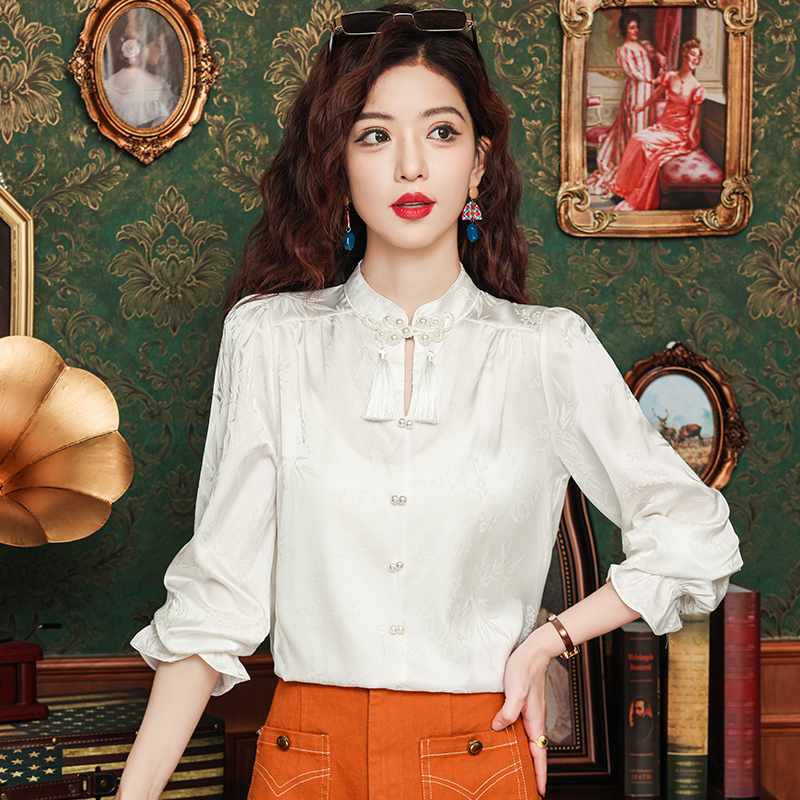 Satin autumn tops jacquard white shirt for women