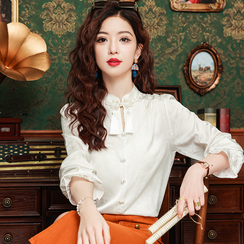 Satin autumn tops jacquard white shirt for women