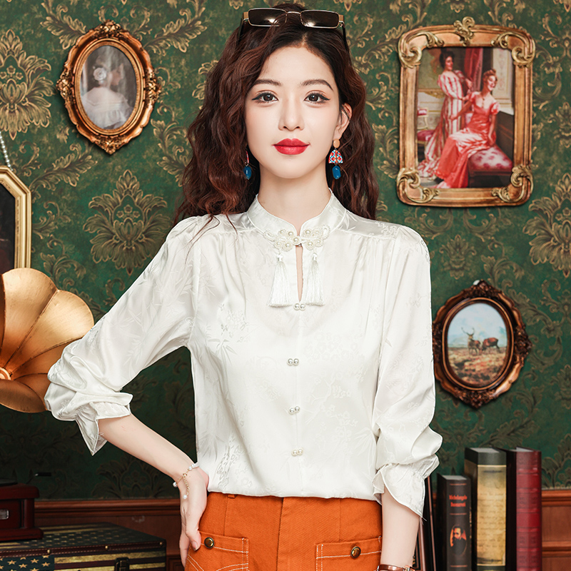 Satin autumn tops jacquard white shirt for women