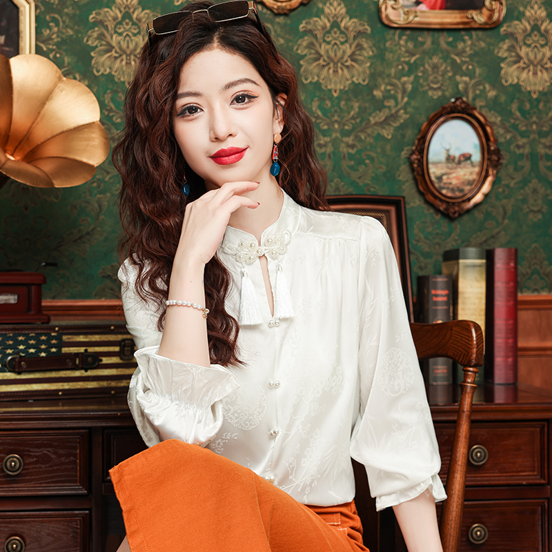 Satin autumn tops jacquard white shirt for women