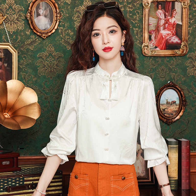 Satin autumn tops jacquard white shirt for women