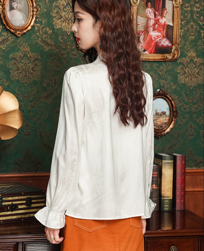 Satin autumn tops jacquard white shirt for women