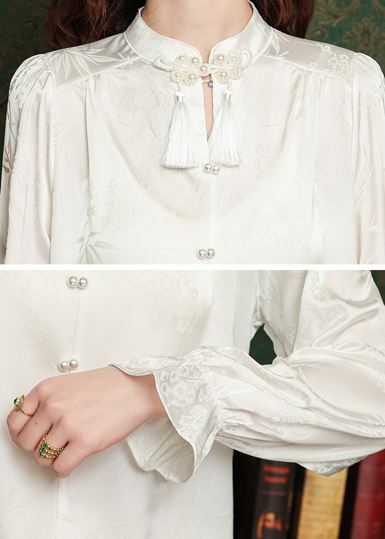Satin autumn tops jacquard white shirt for women